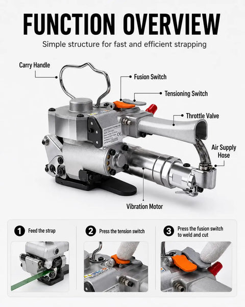 Handheld Pneumatic Baler Strapping Tool With 3500 N Automatic Tensioning Welding And Cutting Function For Buckle Free Packaging Of Heavy Duty PP PET Straps In Factory Warehouse Settings Effortlessly showing detailed features and switches.