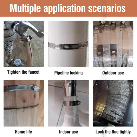 Image showing various uses of Stainless Steel Hose Clamp Set With Adjustable Worm Gear, 12 to 15.7 inch range, five pack.