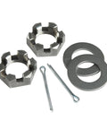 1 Inch Trailer Axle Spindle Nuts And Cotter Pins Kit Beefy Heavy Duty Marine Hardware For Boats And Fishing Trailers Nut Washers Replacement Parts Easy Install Sold In Pairs Keeps Axles Secure On The Water, shown with two nuts, cotter pins, and washers