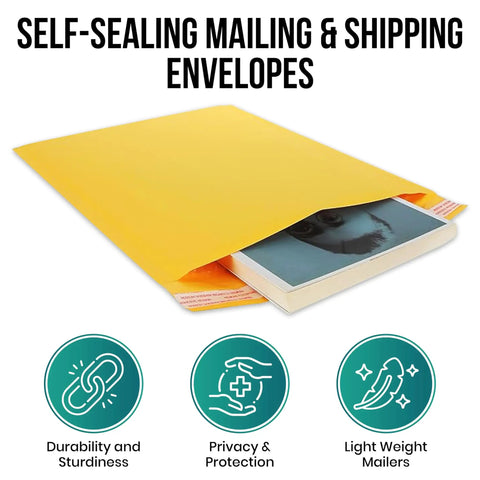 Image of Go-To 8.5 X 12 Inch Kraft Bubble Mailers 10 Pack Padded Envelopes With Tamperproof Self-Adhesive Seal and a book inside.