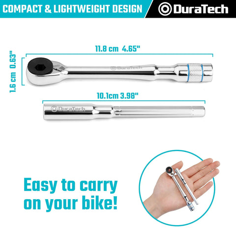 Image of a One Quarter Inch T-Handle Ratchet Set With Hex Bit Extender And Adapter, featuring compact design ideal for bike repairs.