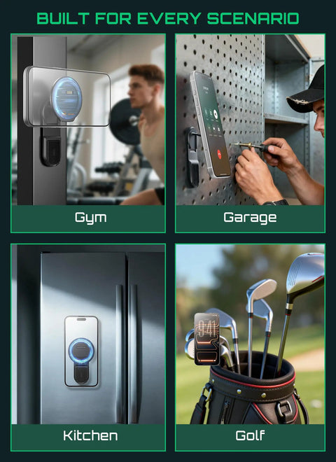 Magnetic Golf Cart Phone Holder With Dual Sided MagSafe Mount in gym, garage, kitchen, and golf scenarios