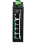 Front view of Industrial Five Port Gigabit PoE Plus DIN Rail Switch with 120W PoE Budget and 10Gbps Switching Capacity