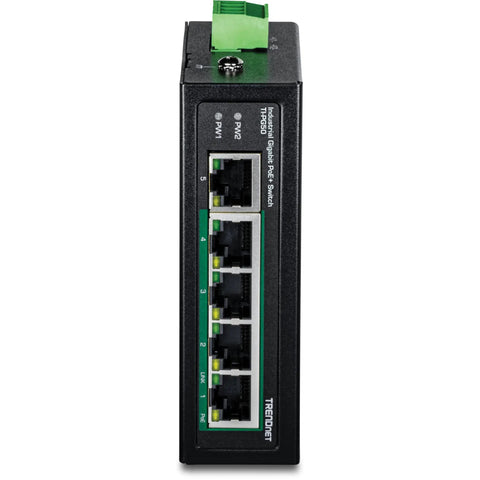 Front view of Industrial Five Port Gigabit PoE Plus DIN Rail Switch with 120W PoE Budget and 10Gbps Switching Capacity