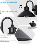 Gooseneck Barn Light With Dusk To Dawn Sensor, Wall Mount Outdoor Porch Light In Classic Black For Garden And Patio, fixture details