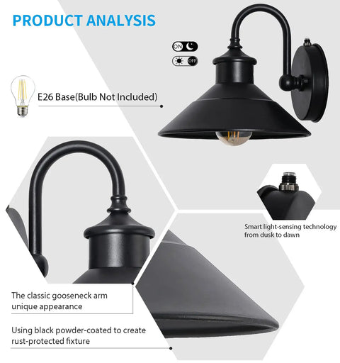 Gooseneck Barn Light With Dusk To Dawn Sensor, Wall Mount Outdoor Porch Light In Classic Black For Garden And Patio, fixture details