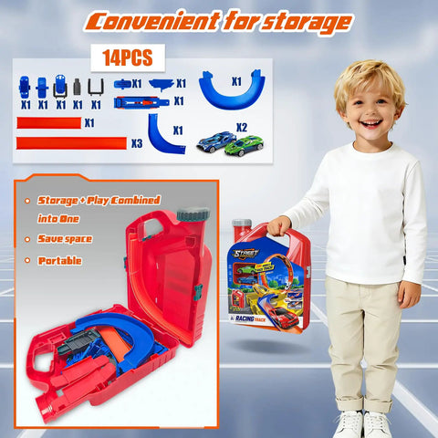 Child holding Ultimate 2 Car Race Track Set with reconfigurable tracks and storage box, featuring two cars and 14-piece components.