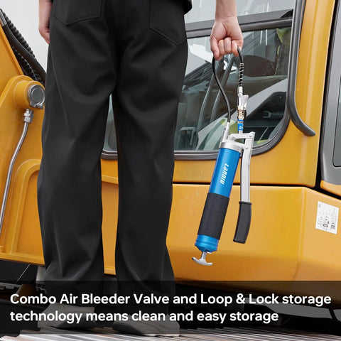 Heavy Duty 8000 PSI Lever Grease Gun Kit with 0.53 Inch Coupler held next to construction equipment