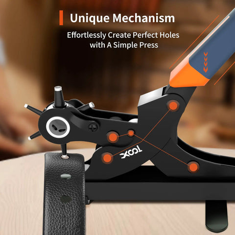 Close-up of rotary leather hole punch kit creating holes in a black leather belt, showcasing ergonomic handle and multiple size punches.