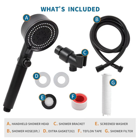 Components of Heavy Duty High Pressure Filtered Shower Head With 5 Stage Deep Filtration 59 Inch Stainless Hose Brass Bracket