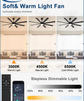 Three lighting modes of 66 Inch Black Ceiling Fan With Lights For Indoor Outdoor Spaces, remote and app control shown.