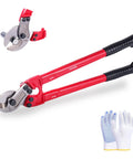 Professional Heavy Duty Cable Cutters 14 Inch Wire Snips Built Like A Tank Using Premium Chrome Vanadium Steel Cuts Thick Copper And Aluminum Core Cables No Sweat Required Bright Red Finish with white gloves beside.