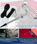 Deluxe Ice Fishing Shelter Tie Down Kit For Eskimo Tents with high carbon steel ice anchors, cam strap, and carabiner shown