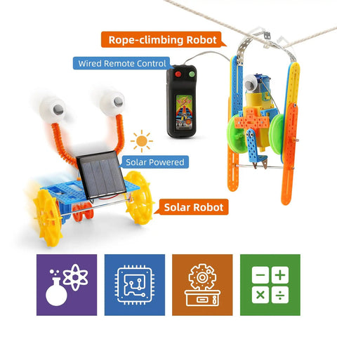Five Robot STEM Kit For Kids Ages Seven and Up With Rope Climbing Robot and Solar Car includes motors and remote control