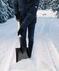 Person using 41 Inch Square Shovel With D-Handle for easy digging and snow clearing, big flat head garden tool in snowy path