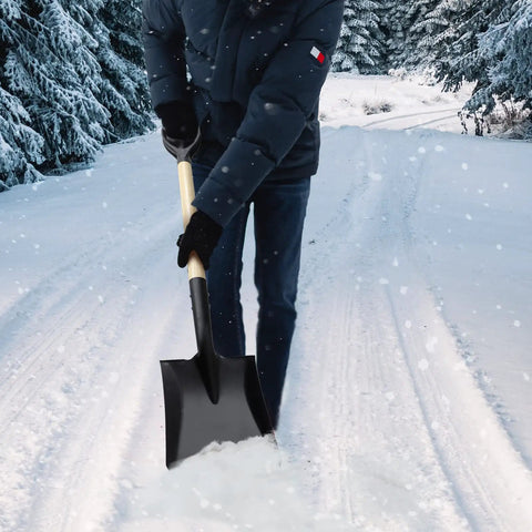 Person using 41 Inch Square Shovel With D-Handle for easy digging and snow clearing, big flat head garden tool in snowy path