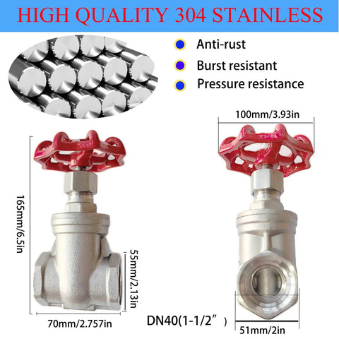 304 Stainless Steel Gate Valve DN40 One And A Half Inch NPT Female Thread Rotary Globe Valve displayed with measurements and features.