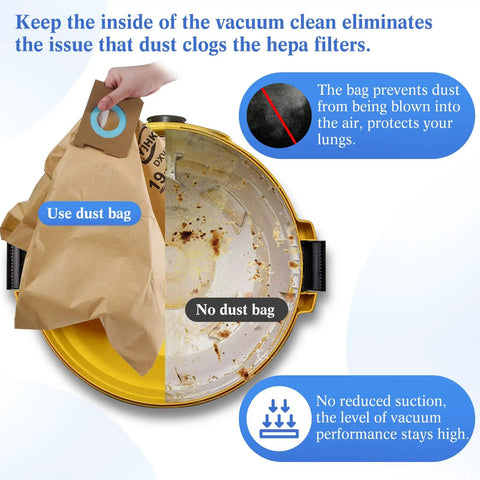Hand holding dust bag showing clean vs dirty vacuum with 5 Pack Vacuum Bags For 5 To 8 Gallon Wet Dry Shop Vacuums Replacement Dust Collection Bags Disposable Bags That Fit Most 5 To 8 Gallon Vacuums And DXV Series Heavy Duty.