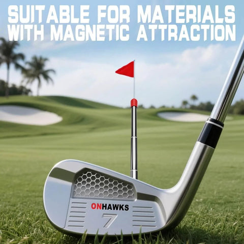 Magnetic Golf Alignment Rods With Telescopic Sticks on iron club at golf course, aiding club face alignment and impact visualization.