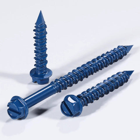 Badass Heavy Duty 100 Pack Slotted Hex Concrete Screws 3/16 By 1-1/4 Inch Blue Hexagon Head Anchors in varying sizes