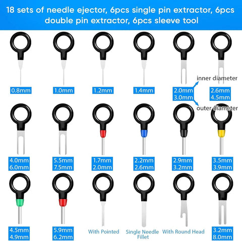 Depinning Wire Connector Tool Kit 82 Pcs Pin Extractor Set For Automotive, Car, And Home Wiring display with sizes
