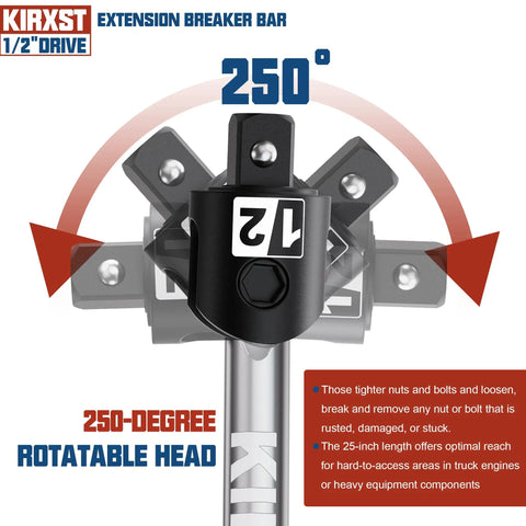 One Half Inch Drive Breaker Bar With 250 Degree Rotatable Head Heavy Duty Extension Bar Ball Lock Laser Marking Chrome Molybdenum Steel Built To Beat Stubborn Bolts For Auto And Motorcycle Maintenance And Repair, 25-inch 1/2-inch drive