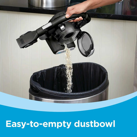 Person empties dust from Dustbuster Flex Cordless Handheld Vacuum For Home Pet And Car Cleaning, 20V Max Battery into bin.