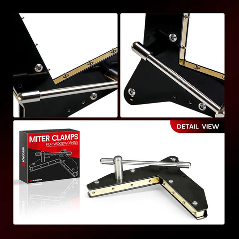 Heavy Duty Woodworking Miter Clamps For Precision Corner Joints In Window And Door Casing, Picture Frames And Cabinet Trim, Pro Grade Steel And Brass Build, Rust Resistant, Multi Use Clamp Set For Tight Seams. Detail view of miter clamp set