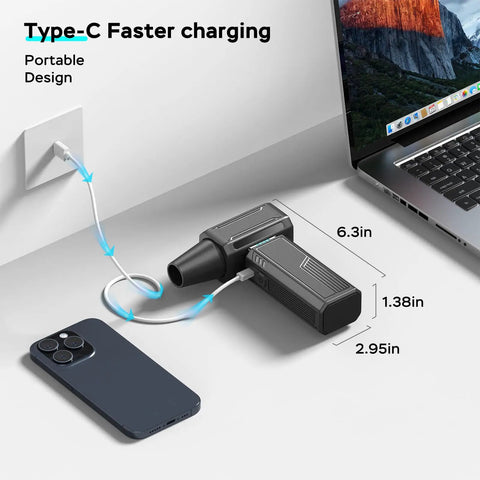 Electric Portable Air Duster with Brushless Motor charging via Type-C cable next to laptop and smartphone.