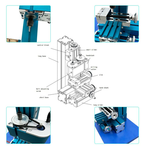 Detailed view of Garage Ready Mini Metal Milling Machine With Benchtop Lathe And Slick Precision Vise For 3000 Rpm, showing components.