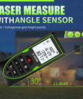 Green Laser Distance Meter With USB C Rechargeable Battery Live XY Angle Sensor 196 Feet Range For Quick Accurate Measurements In DIY Projects Easy To Use For Home Renovation And Construction. handheld display showing 30° and 13.964 ft