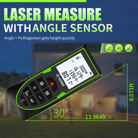 Green Laser Distance Meter With USB C Rechargeable Battery Live XY Angle Sensor 196 Feet Range For Quick Accurate Measurements In DIY Projects Easy To Use For Home Renovation And Construction. handheld display showing 30° and 13.964 ft