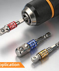 Impact Socket Adapter Extension Set Converts Your Drill To A Nut Driver With 1/4 Inch Hex Shank And 1/4 Inch 3/8 Inch 1/2 Inch Drive Cr-V Steel Anti Slip Locking For Fast DIY Home Repair 3 Piece, shown in use with drill.