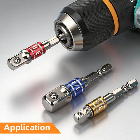 Impact Socket Adapter Extension Set Converts Your Drill To A Nut Driver With 1/4 Inch Hex Shank And 1/4 Inch 3/8 Inch 1/2 Inch Drive Cr-V Steel Anti Slip Locking For Fast DIY Home Repair 3 Piece, shown in use with drill.