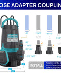 Heavy-Duty 1HP Submersible Sump Pump with float switch and hose adapter coupling diagram