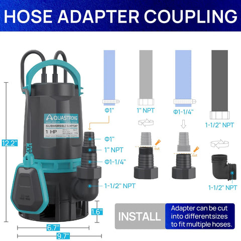 Heavy-Duty 1HP Submersible Sump Pump with float switch and hose adapter coupling diagram