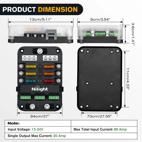 6 Way Fuse Relay Block With Acc Control Negative Bus 12V Blade Holder ATC ATO Box, 13x9x11 cm, waterproof cover panel