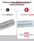 Two types of threaded metal studs for Polaris machines, one M12x1.5 and the other 3/8x24, shown side by side.