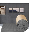 Pro Level Sound Proofing Foam Panels Hella Thick Three Centimeter Self Adhesive Egg Crate Acoustic Dampening Sheets For Studio Room Garage Heat Blocking Fire Safe Gray Roll Covers Forty Square Meters Badass Noise Crusher displayed rolled and flat on a wall.
