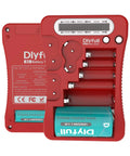 Universal Battery Tester With LCD Display in red, showing compartments for AA, AAA, C, D, and button cells, wide compatibility.