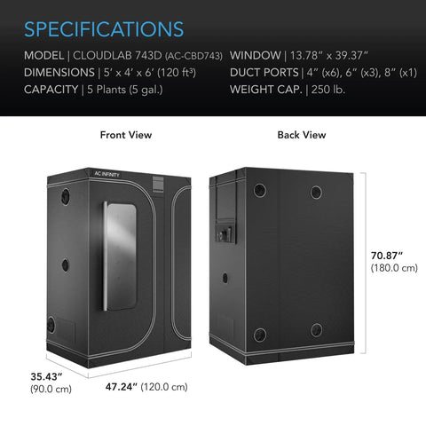 Indoor Grow Tent 3 By 2 Feet With 1 Inch Steel Poles, 2000D Mylar Canvas shown with specifications front and back view