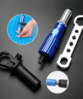 Handy Electric Drill Riveting Attachment That Turns Your Power Tool Into A Serious Riveter With High Carbon Steel Build And 4 Sizes For Aluminum Or Stainless Steal Jobs Fast, blue drill rivet tool with hex adapter and wrench