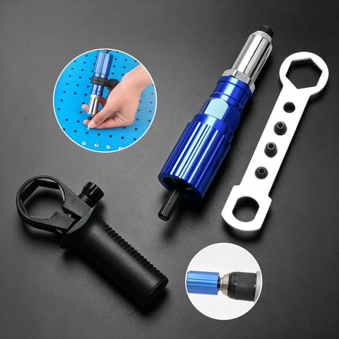 Handy Electric Drill Riveting Attachment That Turns Your Power Tool Into A Serious Riveter With High Carbon Steel Build And 4 Sizes For Aluminum Or Stainless Steal Jobs Fast, blue drill rivet tool with hex adapter and wrench