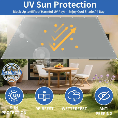 Waterproof Sun Shade Sail 13 by 16 Feet Rectangle With Grommets UV Blocking Shade Cloth For Backyard Deck Patio Garden, Light Gray, 280GSM Polyester, shown installed over outdoor patio set.