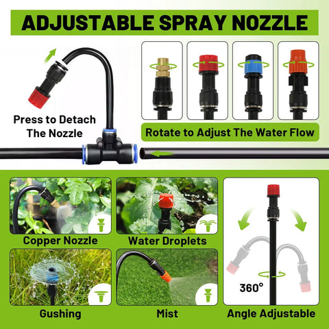 100Ft Drip Irrigation Kit With 28 Adjustable 360 Degree Nozzles And 28 T Connectors showing nozzle adjustment features