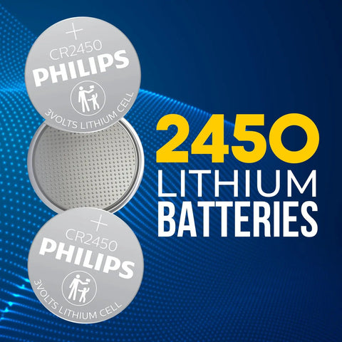 CR2450 Battery 5 Pack 3V Lithium Coin Cell Replacement Featuring Hella Rock Solid Power And Ten Year Shelf Life For Car Key Fobs Remote Controls And Medical Devices, showing Philips brand coin batteries.