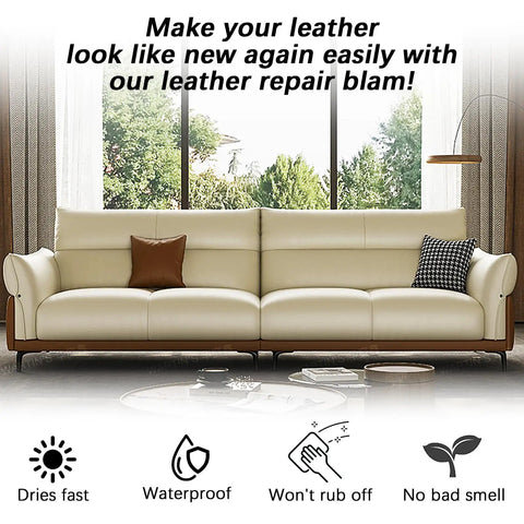 Top Shelf Leather Recoloring Balm And Rich Color Restorer Conditioner For Couches Faded Sofas Scratch Remover No Fuss Touch Up on a modern cream sofa.