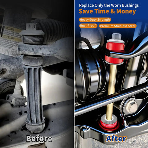 Before and after sway bar bushing repair kit with stainless steel washers and nuts for front stabilizer bar bushings