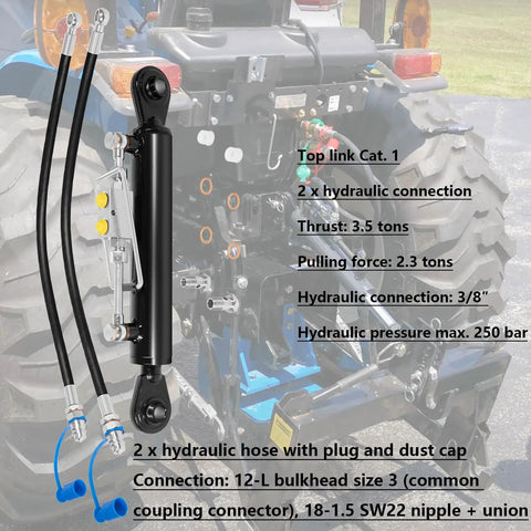 Beefy Heavy Duty Hydraulic Top Link For Tractors And Excavators Adjustable Cat 1 To 2 Length One Eighth To Twenty Six And Three Eighths Inches Includes Locking Block And Dual Hoses shown mounted on tractor