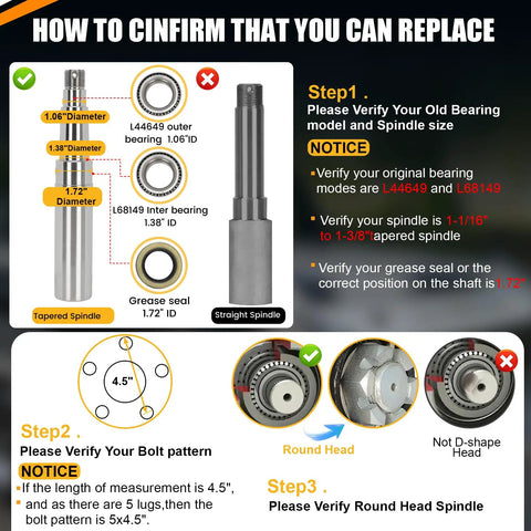 How to confirm bearing and spindle compatibility for Two Sets 3500 lb Trailer Hub Kit with 5 Lug 4.5 Inch Bolt Pattern